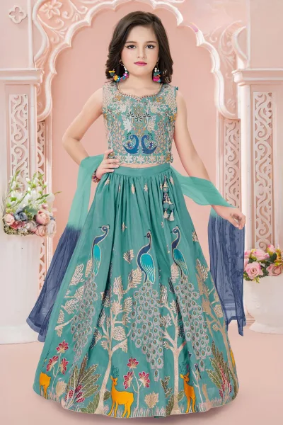 Rama Blue Multicolor Embroidery, Sequins, Zari, Beads and Stone work Lehenga Choli
